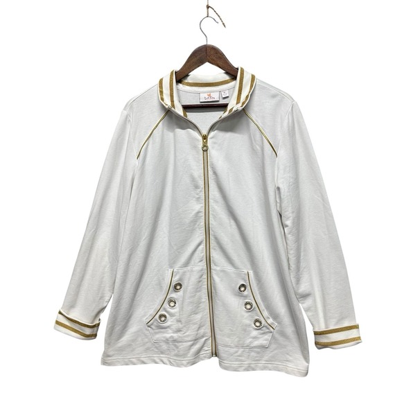 Quacker Factory Womens Size XL White Jacket Full Zip Gold Trim Rhinestones Pocke - Picture 1 of 13